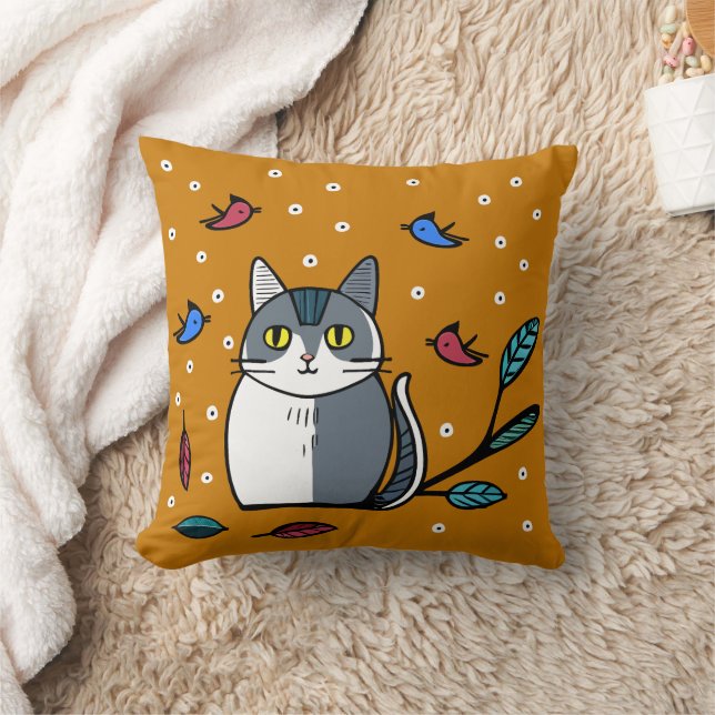 Cute cat with birds  cushion (Blanket)