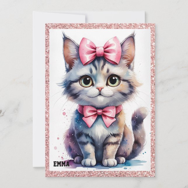 Cute cat with bow happy birthday invitation (Front)