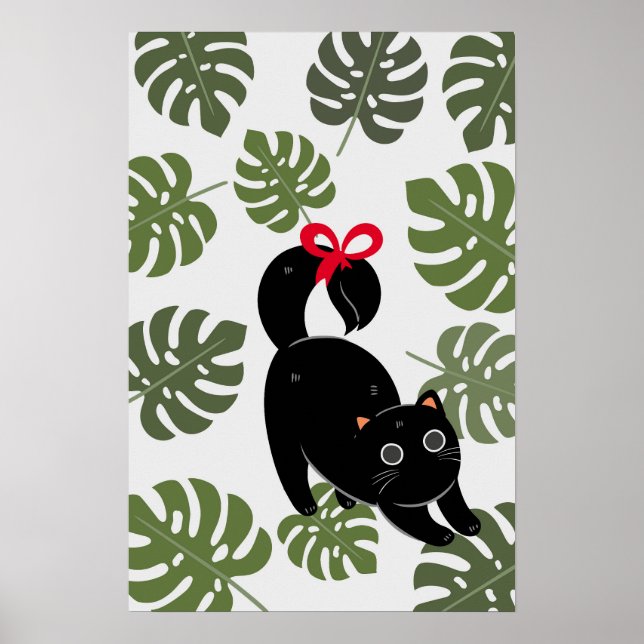 Cute Cat With Bow Monstera Leaves Poster (Front)