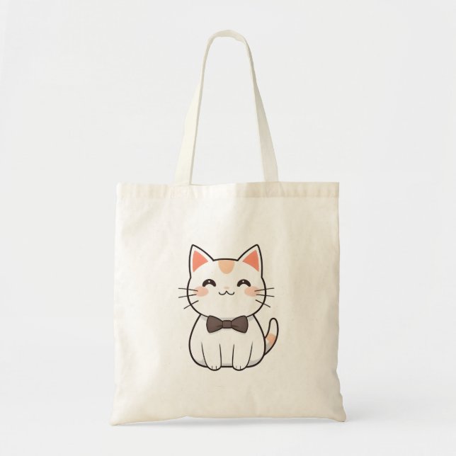 Cute Cat with Bowtie Kawaii Design Tote Bag (Front)
