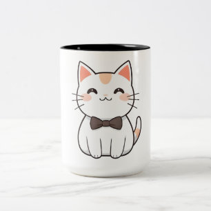 Cute Cat with Bowtie Kawaii Design Two-Tone Coffee Mug