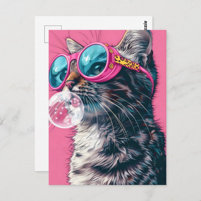 Cute cat with bubble gum, pink, Postcrossing Postcard (Front/Back)