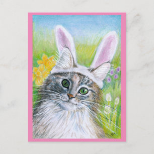 Cute Cat with Bunny Hat Spring pink postcard