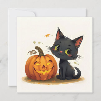 Cute Cat with Carved Pumpkin Invitation