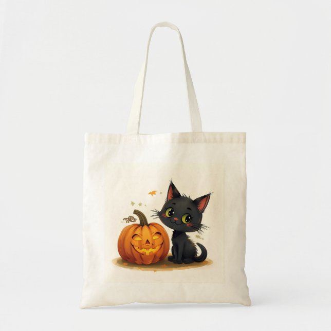 Cute Cat with Carved Pumpkin Tote Bag (Front)