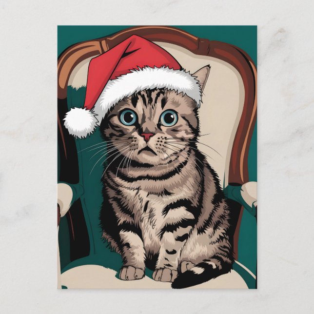 Cute cat with christmas hat holiday postcard (Front)