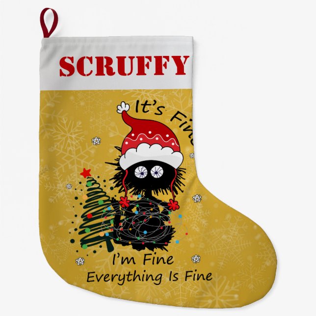Cute Cat with Christmas Lights Large Christmas Stocking (Front)