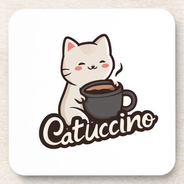 Cute Cat with Coffee – Catuccino Coaster (Front)