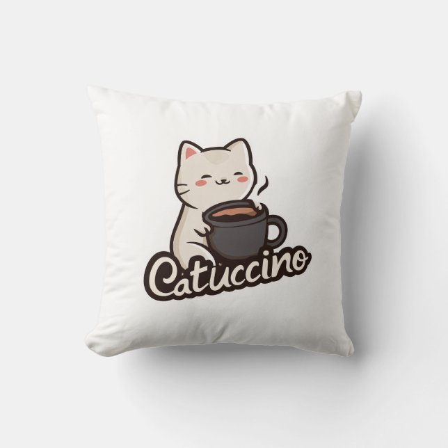 Cute Cat with Coffee – Catuccino Cushion (Front)