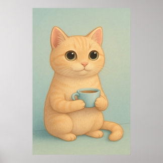 Cute Cat with Coffee Cup – Adorable Pastel Animal Poster