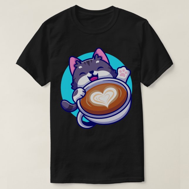 Cute Cat With Coffee Cup Cartoon1 T-Shirt (Design Front)