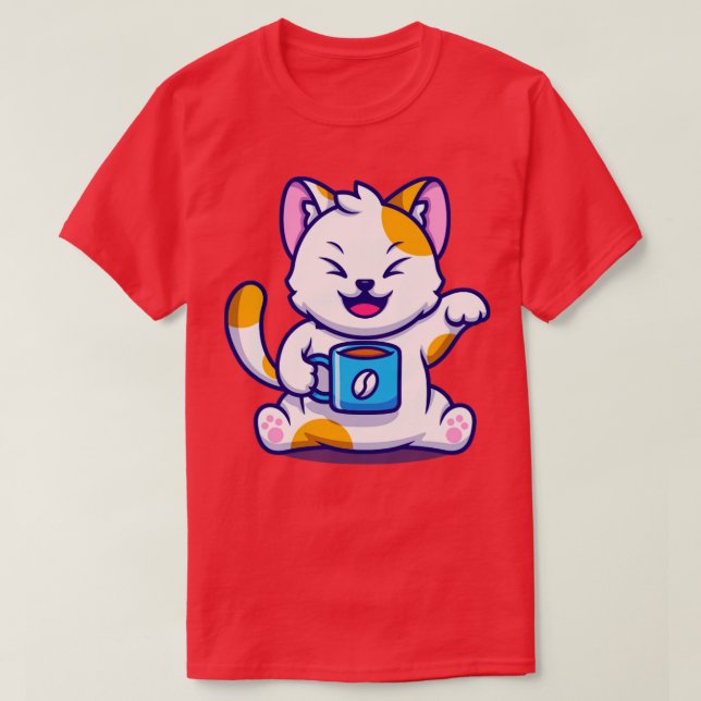 Cute Cat With Coffee Cup Cartoon T-Shirt (Design Front)