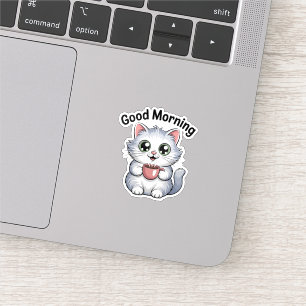 Cute Cat with Coffee “Good Morning” Sticker