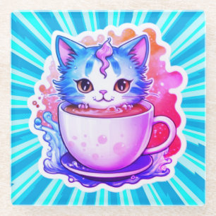 Cute Cat With Coffee Mug Cartoon Design-94678 Glass Coaster