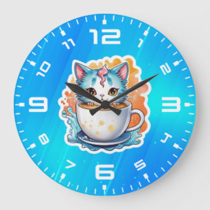 Cute Cat With Coffee Mug Cartoon Design-94678 Large Clock