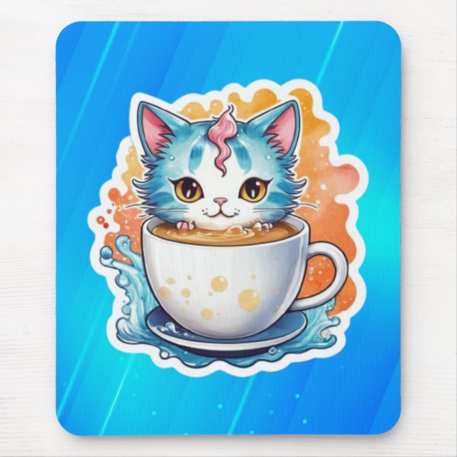 Cute Cat With Coffee Mug Cartoon Design-94678 Mouse Pad (Front)