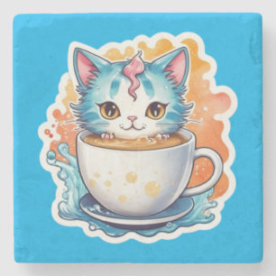 Cute Cat With Coffee Mug Cartoon Design-94678 Stone Coaster