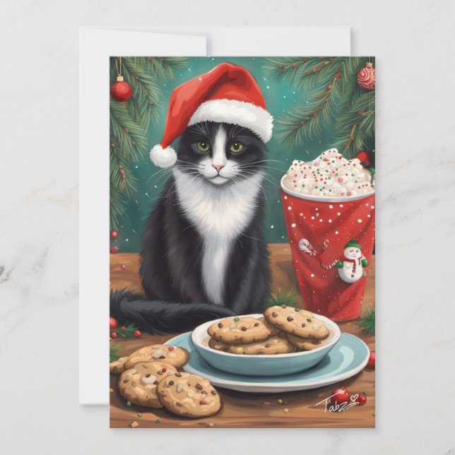 Cute Cat with Cookies and Santa Hat Holiday Card (Front)