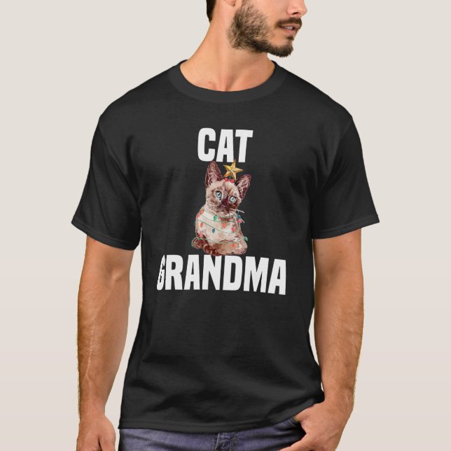 Cute cat with fairy lights cat grandma T-Shirt (Front)
