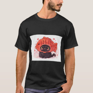 Cute Cat with Fish Hat Illustration T-Shirt