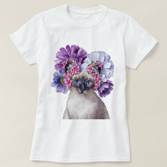 Cute Cat with Flower Crown Watercolor Illustration T-Shirt (Design Front)