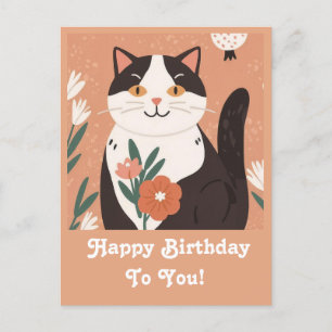 Cute Cat with Flowers Happy Birthday Personalised Holiday Postcard