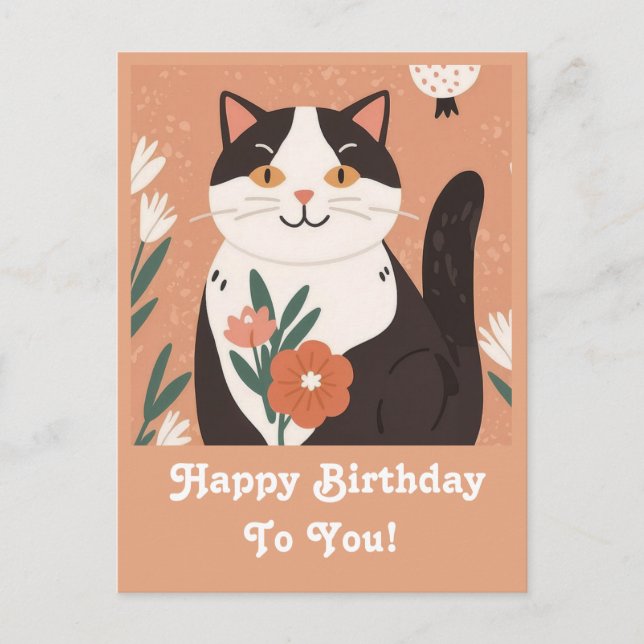 Cute Cat with Flowers Happy Birthday Personalised Holiday Postcard (Front)