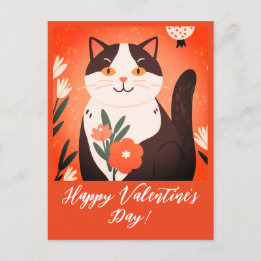 Cute Cat with Flowers Happy Valentine's Day Holiday Postcard