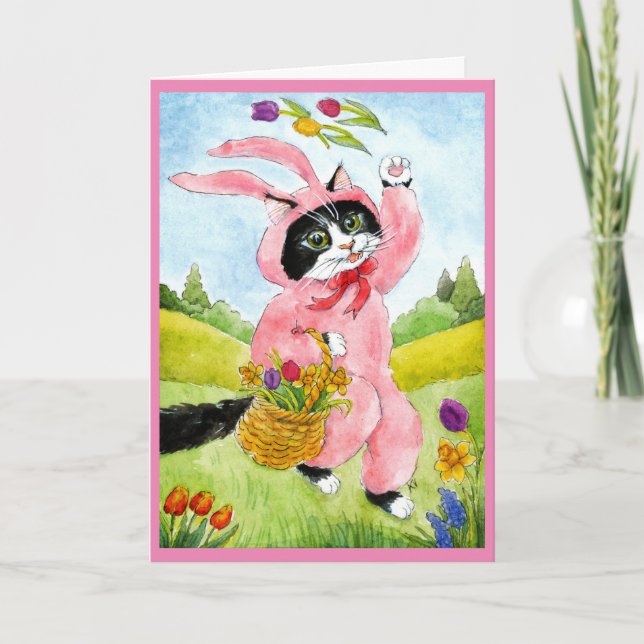Cute Cat with flowers in bunny suit card (Front)
