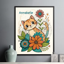 Cute Cat with Flowers Poster