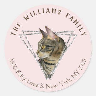Cute Cat with Geometric Silver   Returning Address Classic Round Sticker
