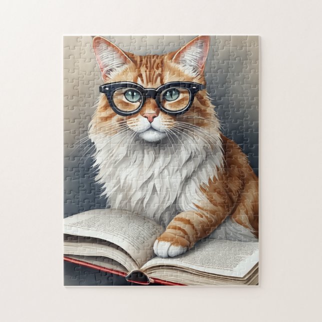 Cute Cat with Glasses Reading a Book Jigsaw Puzzle (Vertical)