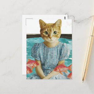 Cute Cat With Goldfish Retro Collage Postcard