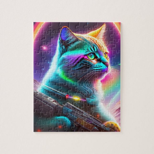 Cute Cat With Gun, Futuristic Sci-Fi Astronaut Cat Jigsaw Puzzle (Vertical)