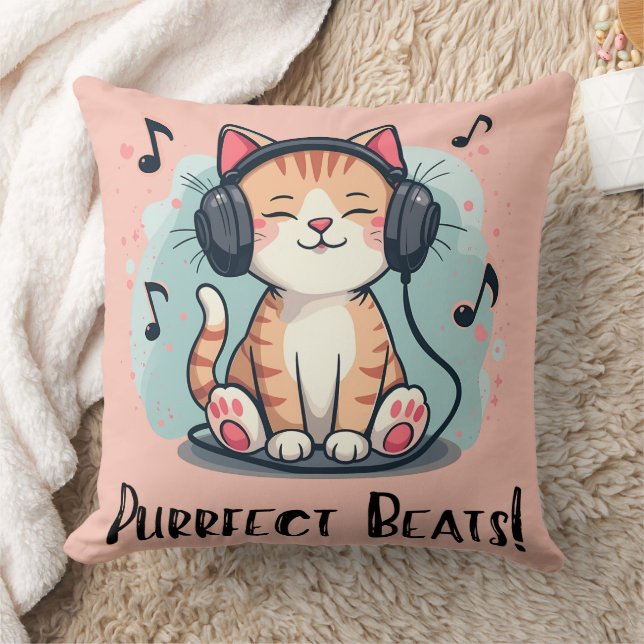 Cute Cat with Headphones Kawaii Music Lover Art Cushion (Blanket)