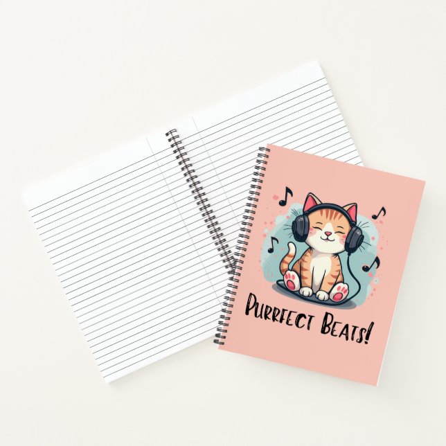 Cute Cat with Headphones Kawaii Music Lover Art Notebook (Inside)
