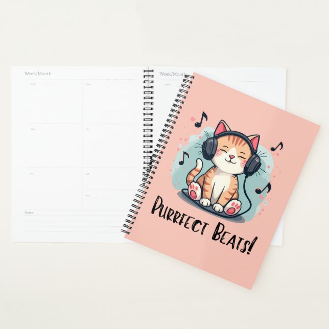 Cute Cat with Headphones Kawaii Music Lover Art Planner (Display)