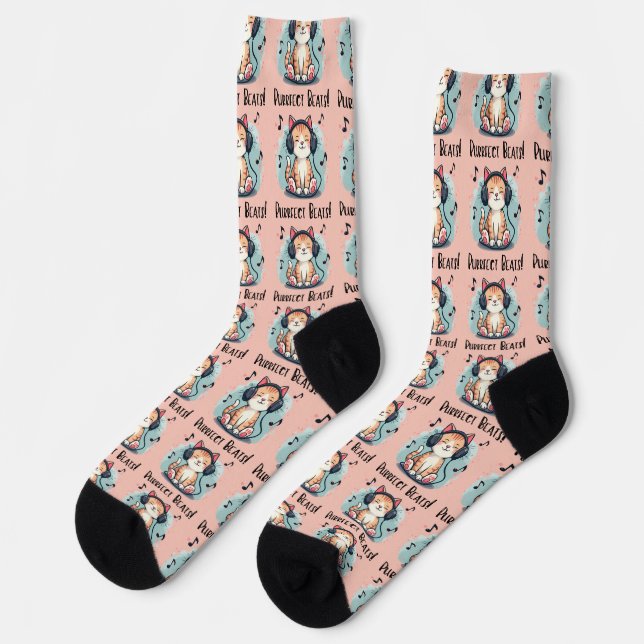 Cute Cat with Headphones Kawaii Music Lover Art Socks (Left)