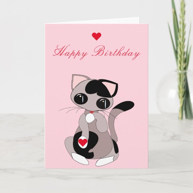 Cute Cat with Heart Gift Birthday Card (Front)