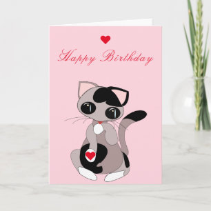 Cute Cat with Heart Gift Birthday Card