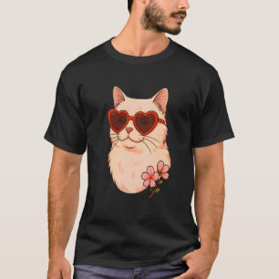 Cute Cat with Heart Glasses Floral Style, Love Cat T-Shirt