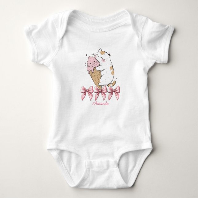 Cute Cat with Ice Cream and name  Baby Bodysuit (Front)