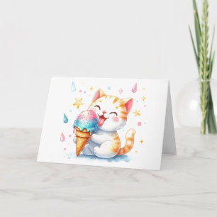 Cute Cat with Ice Cream Whimsical Watercolor Blank Card