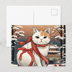 cute cat with japanese temple for cat lovers postcard