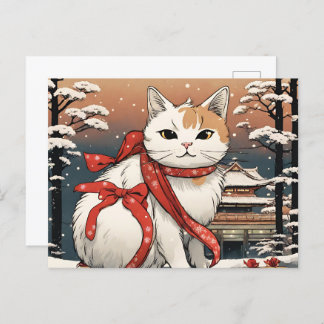 cute cat with japanese temple for cat lovers postcard