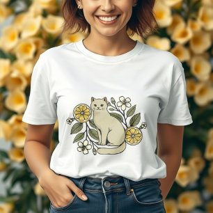Cute Cat with lemon slices and flowers botanical T-Shirt