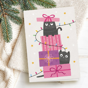 Cute cat with lights and Christmas gifts Holiday Card