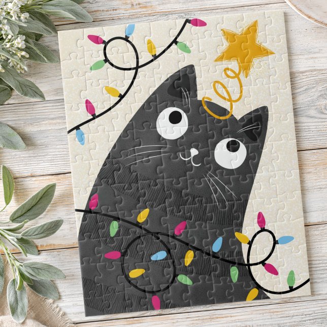 Cute cat with lights and tree-topper Christmas Jigsaw Puzzle (Cute cat with lights and tree-topper Christmas Jigsaw Puzzle)