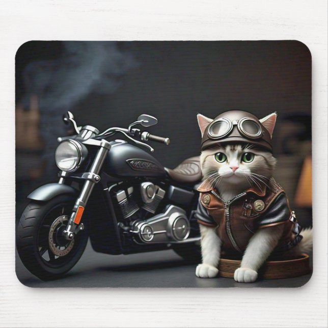 Cute Cat with Motorcycle Mouse Pad (Front)