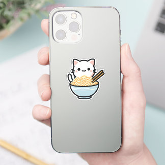 Cute Cat with Noodles Sticker | Kawaii Animal Art